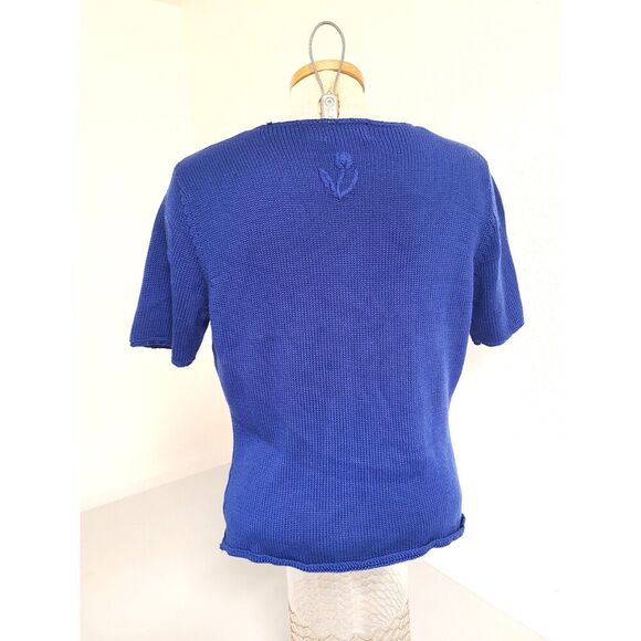 Vtg Pendleton Embroidered Blue Button Short Sleeve Granny Cardigan MEDIUM Bright - Picture 4 of 8